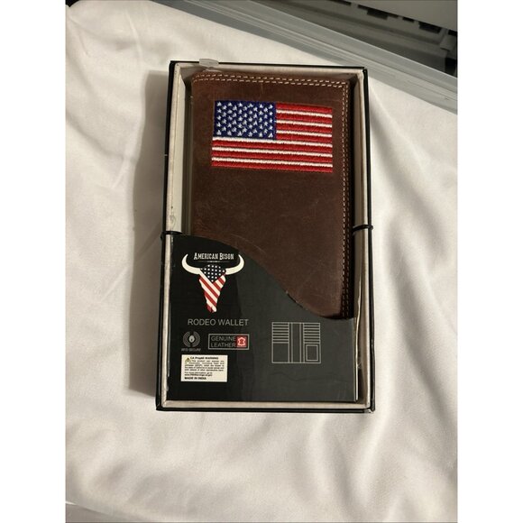 AMERICAN BISON LEATHER RODEO WALLET Genuine Leather Western Cowboy American Flag - Picture 1 of 11
